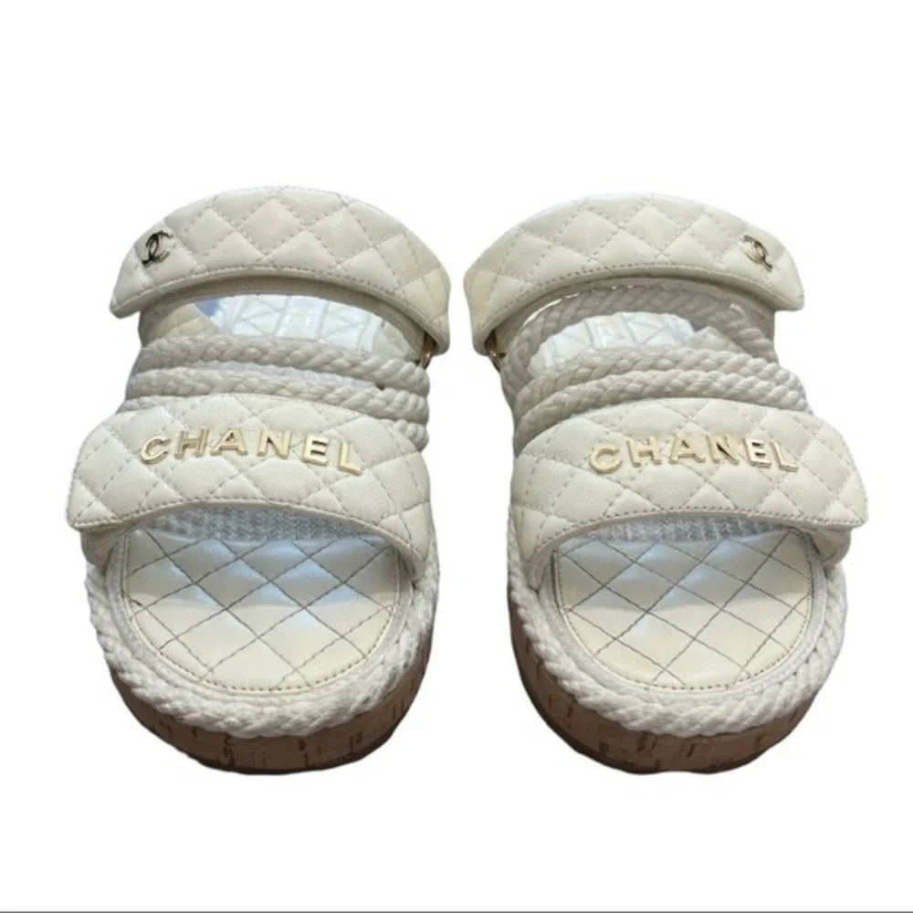 Chanel 21S Dad Ivory White Cord Rope CC Quilted Slide Strap Sandals Size 38